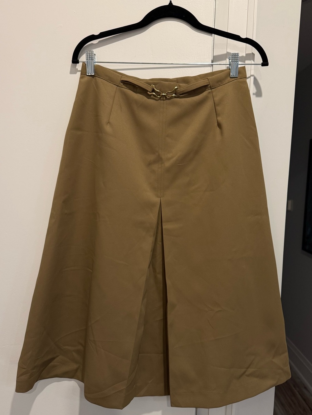 Women's A-Line Midi Skirt in Camel with Front Pleatโ